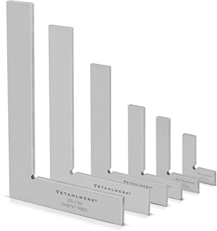 STAHLWERK Juego de escuadras planas de 90° 6 piezas DIN 875/1 Escuadra de control/Escuadra de cerrajero/Escuadra de tope/Escuadra de precisión de acero inoxidable
