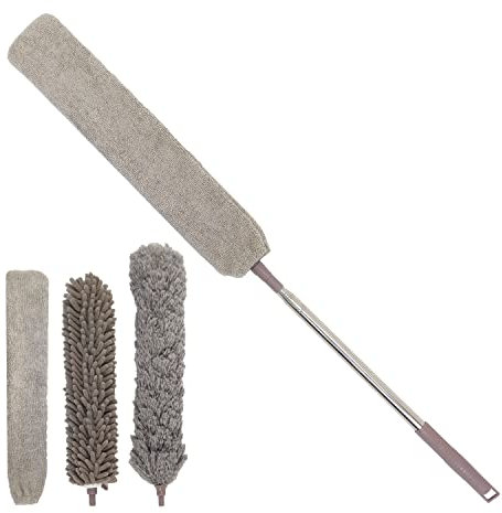 AMOS Telescopic Feather Duster With Washable 5 Piece Kit Extendable Rod Pole Microfiber Cloths Dust Brush, Grey