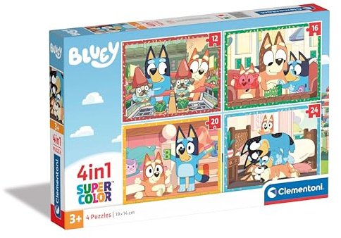 Clementoni Supercolor Bluey-4 12,16,20 e 24 Pezzi Bambini 3 Anni, Puzzle Cartoni Animati, Made In Italy, Multicolore, 21530
