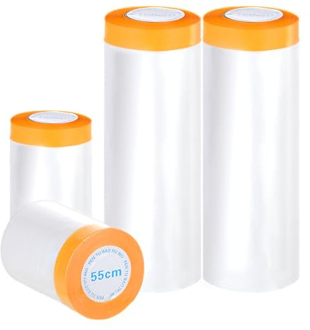 Bafumiu Insgesamt (80m) Abdeckfolie mit Klebeband 4er Set – Abdeckfolie Maler, Malerfolie Abdeckfolie, (2 Rollen 55cm x 20m + 2 Rollen 150cm x 20m) – Selbstklebende malerfolie mit klebeband.