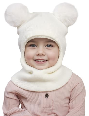 DRESHOW Gorro de Punto para Bebé Niño Niña Capucha Suave Invierno Sombreros y Bufandas con Doble Pompón para Pequeños Niños Niñas 1-6 Años