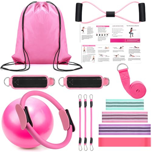 RoundFunny Pilates Ring Circle Set 15 Pcs Exercise Equipment Accessories for Women Workouts Pilates Ball Stretching Strap Gym Backpack Resistance Band Arm Stretcher for Training Body Shape