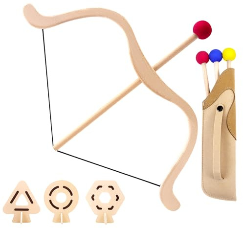 Arc et Flèches Enfant, Set de Tir à l'arc avec 3 Flèches-3 Cibles-Carquois, Jeu en Bois d'Intérieur et Extérieur pour Filles et Garçons dès 3 Ans