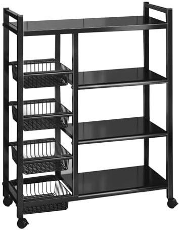 Refein Kitchen Storage Trolley on Wheels, 4-Tier Kitchen Storage Shelf Unit Vegetable Rack Metal Shelving Unit with 3 Removable Baskets,Heavy-Duty Mobile Utility Serving Cart, 80x32x108cm, Black