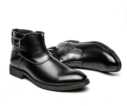 Generico Uomo Tacco Basso Stivali da Vestito da Ufficio Pelle PU Stivaletti Corti con Cerniera Laterale Punta Tonda Stivali Eleganti con Fibbia,Nero,44.5 EU