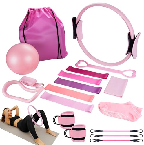 safona Kit Completo de Pilates 18 Piezas – Anillo, Pelota de Yoga, 3 Tipos de Bandas Elásticas, Correas y Más, Accesorios Fitness para Entrenamiento en Casa, Gimnasio y Viaje