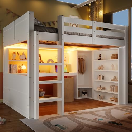 Fppuueg Cama Alta 140x200 cm con Escritorio y Luz LED, Literas Juveniles con Armario y Cajones, Cama Litera Individual con Escaleras y Barandillas, Marco de Madera, Blanco, Sin Colchón