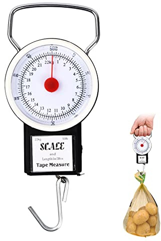 Manual Luggage Scale, Portable Spring Scale Hanging Handheld Suitcase Weighing Scales (Without Battery), Analog Pointer Fishing Scales with 1m Measuring Tape (up to 22kg)