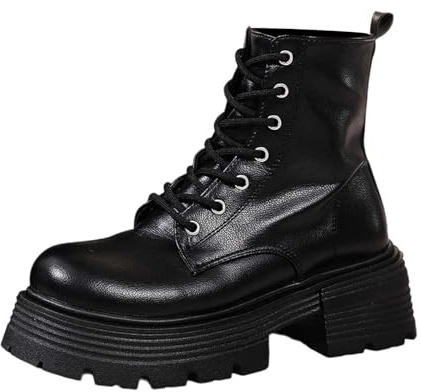 Botines de moda con punta redonda con cordones, suela gruesa de plataforma de tacón alto, botines cortos, Negro , 39 EU