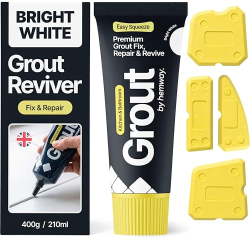 Hemway Bright White Grout Reviver Kit | Ready Mixed Grout Repair 400g / 210ml with 4 Piece Profiling Tool Kit | Wall & Floor Tile Adhesive, Kitchen Bathroom Shower, Fast Drying