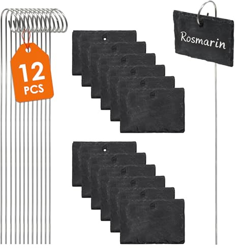 Skifferplatta växtskylt 10 x 7 cm med markspets – set om 12 – skiffer växtplugg med metallspett väderbeständig – trädgårdskontakt blommor rabattbokstäver örtskylt