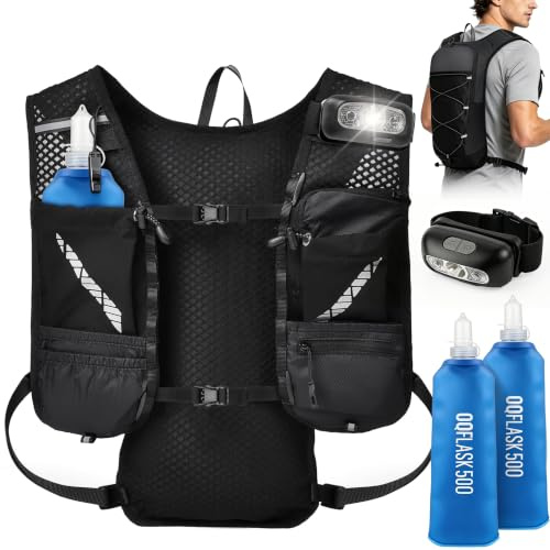 FIVAVA Chaleco para correr para hombre y mujer, con 2 botellas plegables de 500 ml, chaleco reflectante para correr con mochila, ideal para maratones, carreras, trotar y