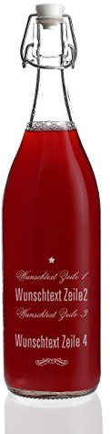 Herz & Heim® Bügelflasche aus Glas mit Gravur in verschiedenen Schriften 4 Zeilen graviert