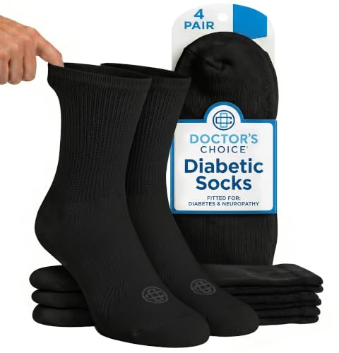 Doctor's Choice Diabetic Socks for Men, Seamless Crew Socks with Non-Binding Top, Provides Extra Comfort for Gout, 4-Pairs, Black, X-Large, Size 12-15