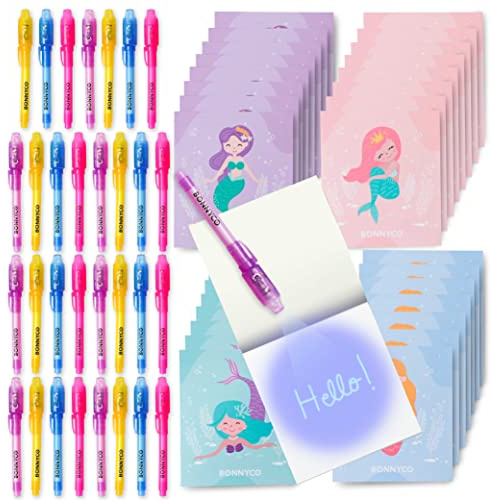 BONNYCO UV Stift und Notizbuch, 32 Stück Meerjungfrau Mitgebsel Kindergeburtstag Mädchen. Kindergeburtstag Gastgeschenke, Kleine Geschenke für Kinder. Adventskalender, Meerjungfrau Deko