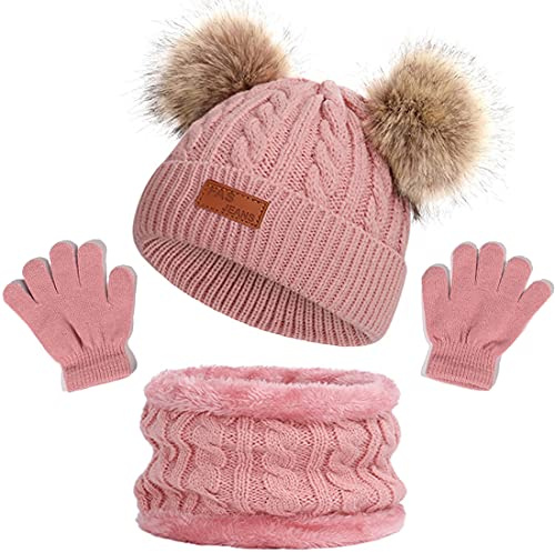 NLAND 3 in 1 Set de Bufanda Gorro Guantes Niña Niño Conjunto de Cálido Gorro de Punto Invierno con Pompon, Braga Cuello con Forro Polar y Guantes Termicos para Niña Niño 2-6 Años(Rosa#1,Talla única)