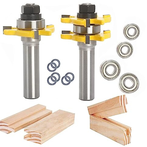 Sinoprotools Brocas de enrutador de lengua y ranura, vástago de 1/2 pulgada, fresa de madera en forma de T de 3 dientes, juego de brocas de enrutador de unión para carpintería (2 piezas)
