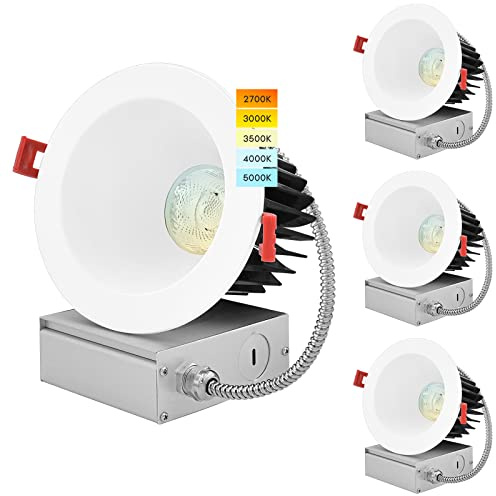 LUXRITE 4 Inch LED Recessed Lighting with Junction Box, 18W, CRI 90, 5 Color Selectable 2700K-5000K, 1500 Lumens, Regressed LED Downlight, 40° Spotlight, Dimmable, Wet Rated, IC Rated (4 Pack)