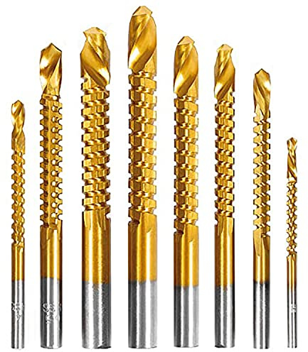 YUENTOEN Twist Drill Bits, 8Pcs Serrated Drill Bit Set, Titanium Coated HSS Sharp 3-10mm Serrated Side Cutting Drill Bit, Round Shank,Wood Drill bit, Hole Holesaw Tool for Plastic Metal Wood Hole