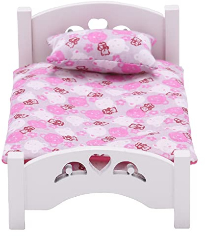 Dollhouse White Wooden Mini Bed with Pink Bedding, 1:12 Scale Realistic Bedroom Furniture for 6 Inch Dolls