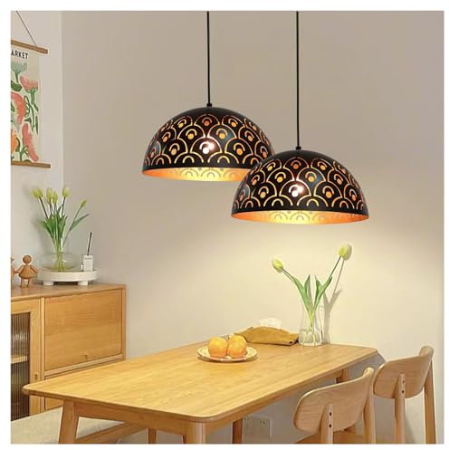 Pendellampe Schwarz Gold E27, 2 Stück Hängelampe Esstisch Vintage Höhenverstellbar Hängeleuchten & Pendelleuchten Rund Aushöhlen Retro Esszimmerlampe Hängend Kronleuchter für Küche Restaurant Ø: 30cm