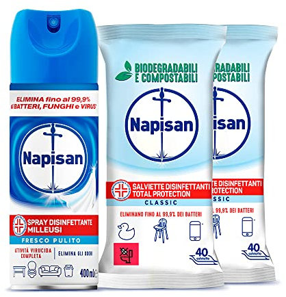 Napisan Kit Cura della Casa, 2 Confezioni da 40pz di Salviette Disinfettanti Total Protection - Classic, Napisan Spray Disinfettante Milleusi - Fresco Pulito da 400 ml.