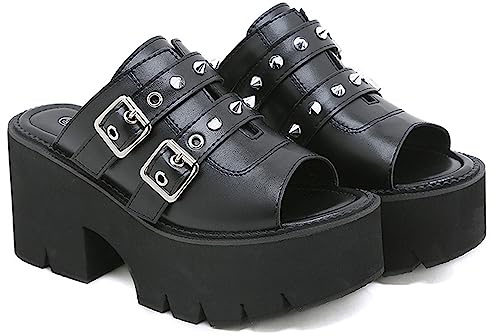 Sandalias con Tachuelas Punk para Mujer, Zapatos de tacón Grueso con Plataforma Baja gótica, Botas con Hebilla en Punta Recortada, Zapatos de Plataforma de Charol con Punta Abierta,Negro,38