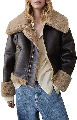 Vimyig Giacca invernale da donna in finta pelle foderata in sherpa, calda giacca da motociclista in shearling con tasche, Marrone scuro., Medium