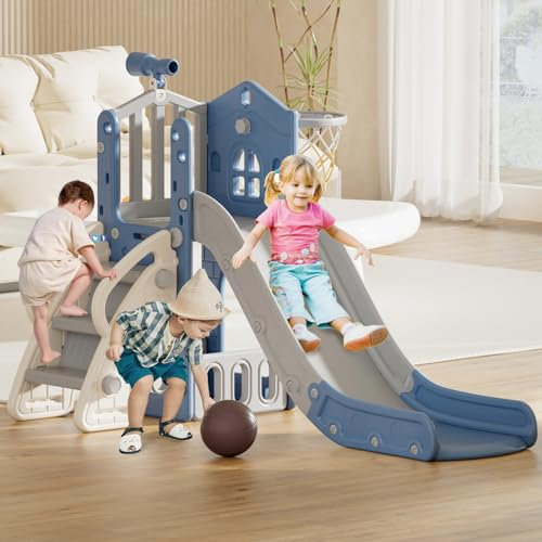 FAYDUDU Toddler Playground, 4 in 1 Kids Indoor/Outdoor Slide for Toddlers Age 1-3, with Basketball Hoop, Telescope, Climbing, Storage (Blue Grey)