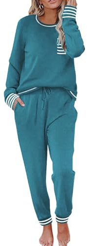 Ekouaer Dam pyjamas lång tvådelad pyjamasset rund hals nattkläder sovtröja och pyjamasbyxor mjuka nattkläder med fickor, Blå grön, L