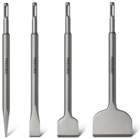SDS Chisel Set, Firecore 4pcs Tile Removal Chisel Bits for SDS Plus Rotary Hammer Drill Attachments, Alloy Steel Shovel for Demolition Chipping Grooving Scaling Removing Cement Thinset Mortar Vinyl