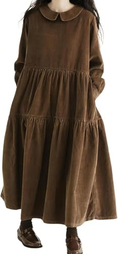 Goolecrimp Women's Fall Long Sleeve Vintage Corduroy Doll Dress Loose Bubble Puffy Sleeve Ruffle A-Line Maxi Dress with Pockets (Brown, L)