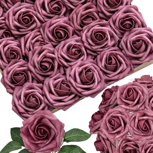 25 rose artificiali rosa antico rosa scuro in schiuma con steli 8 foglie rose finte dall'aspetto reale per bouquet di nozze, centrotavola per addio al nubilato, composizioni per feste, decorazioni fai