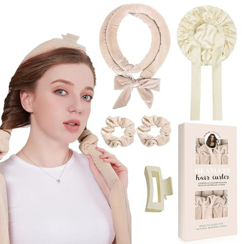 Locken Ohne Hitze,Samt Lockenwickler Über Nacht mit Schlafmütze, Hair Curler DIY Haare Lockenband Frisurenset,Lockenwickler Über Nacht,Heatless Curls Band für Langes Mittleres Haar-Khaki