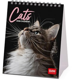 Legami - Calendario de mesa 2026, Cats, calendario de escritorio, 12 meses y planificador anual, en 6 idiomas, signos del zodiaco, fiestas internacionales, 12 x 14,5 cm