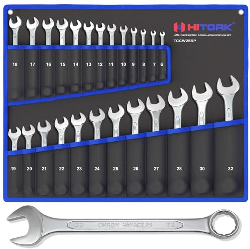 HITORK 25 Piece Metric Wrench Set (6-32 mm) CrV Steel Matt Finish with Polished Head 12 Point Box End 15° Offset Roll Up Pouch Durable Combination Wrench Set for Home, Garage & Auto Repair