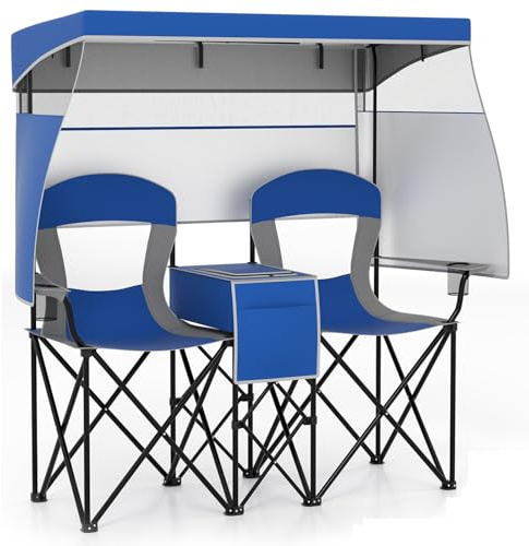 TANGZON Double Camping Chair, Outdoor Folding Loveseat with Shade Canopy, Cup Holder, Cooler Bag, Side Pocket & Carrying Bag, Portable Picnic Chair for Patio BBQ Fishing (with Roll-up Shade, Navy)