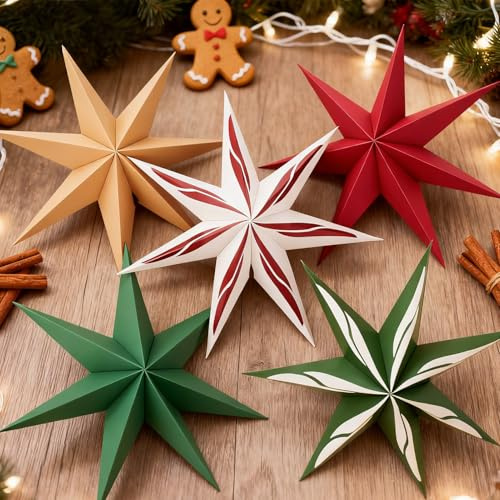 5 étoiles en papier à suspendre, vertes et rouges, 30 cm, 7 branches, pliées, décorations de Noël, ornements pour sapin, décorations de table pour chambres, fenêtres et cheminées