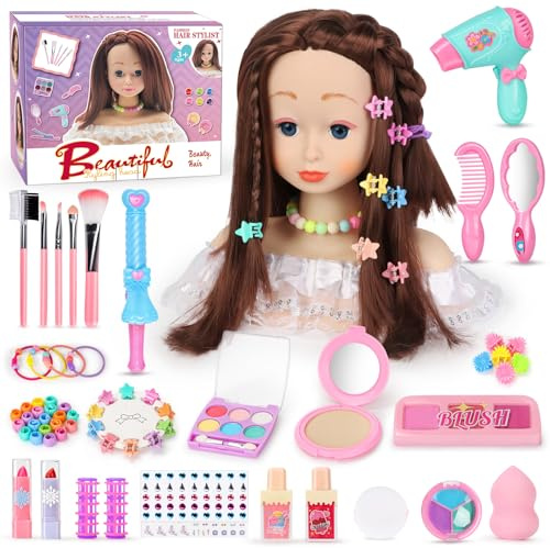 LumenVela Testa Bambola da Truccare e Pettinare, 66 Pezzi Testa da Pettinare Bambina, Bambola da Truccare Regalo di Compleanno, Natale per Bambini a Partire Dai 3 Anni (Bianco)