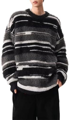 Generisch Jersey para hombre a rayas suelto suéter de invierno ligero cálido suéter de invierno vintage moderno cuello redondo suéter ganchillo agradable suéter de bloqueo de color suéter suéter de