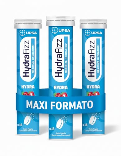 UPSA Hydrafizz Hydra, 48 Compresse Effervescenti, Integratore Alimentare con Elettroliti e Vitamina C, Gusto Fragola, Contro Stanchezza, Confezione da 3 tubi