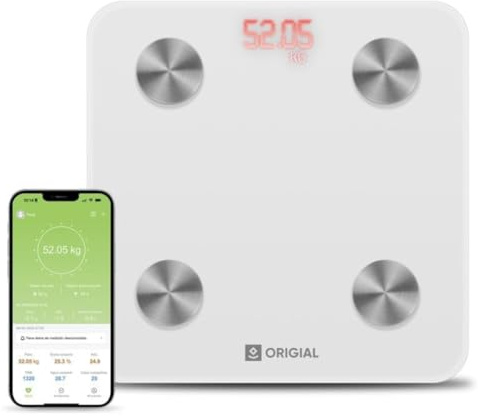 Origial Báscula de Baño Inteligente Bluetooth SCALE CARE&FIT SMART con App, 180 kg, Medición IMC, Grasa Corporal y Masa Ósea, Báscula Digital de Peso Corporal, Vidrio Templado, Blanca