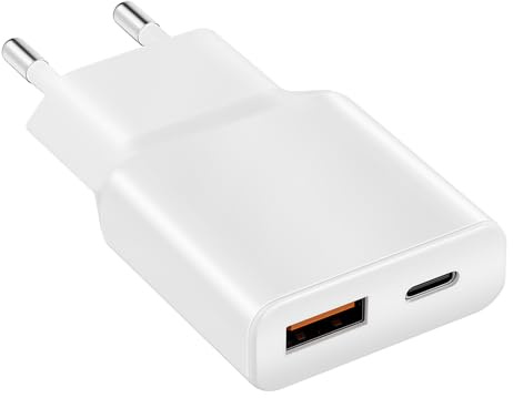 USB C snabbladdare, 20 W PD 3.0, tunn USB-C och USB-A-dubbelport, snabbladdningsadapter för iPhone17/17Pro/16/16Pro/16Pro MAX/15, Samsung mobiltelefon, vit