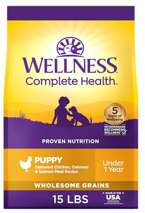 Wellness Complete Health Puppy Dry Dog Food, Wholesome Grain Kibble, Natural, Chicken, Oatmeal, and Salmon Recipe, 15 lb Bag