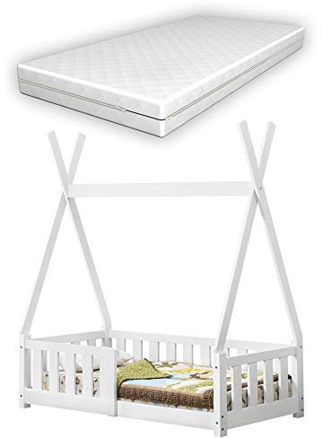 [en.casa] Kinderbett Helsingborg 70 x 140 cm mit Matratze und Rausfallschutz Lattenrost Tipi Zelt Jugendbett Bettgestell Kiefernholz Holzbett für Kinder Weiß