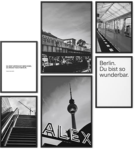 Papierschmiede® Foto-Set Berlin Schwarz-Weiß, Bilder Wohnzimmer Deko Schlafzimmer Poster Set, 2x DIN A2 und 4x DIN A3, U-Bahn BVG Fernsehturm - Wandposter ohne Rahmen