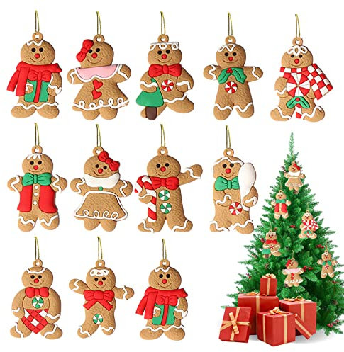 Zueyen Lot de 12 décorations à suspendre pour sapin de Noël – Pendentifs en forme de bonhomme en pain d'épices pour décoration de fête de vacances, accessoires d'artisanat (11 styles de design)