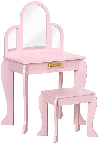 HOMCOM Coiffeuse Enfant Table de Maquillage avec Tabouret 3 miroirs et tiroir Meuble de Maquillage en Bois pour Petites Filles 3 à 6 Ans - 52 x 32 x 85 cm - Rose