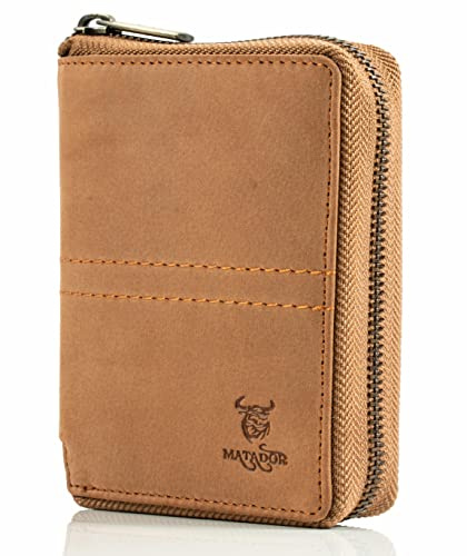 MATADOR Leder Geldbeutel Herren #Cordoba mit edler Geschenk Box, Elegante Männer Geldbörse mit RFID Blocker, Luxus Herrenportmonais mit Reißverschluss und Viele Kartenfächer in Braun Hell