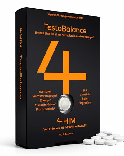 4 HIM TestoBalance - für Einen Normalen Testosteronspiegel, Energie und Muskelfunktion - mit Zink + Magnesium + B6 Complex, L-Arginin, Ginseng und Selen - 60 Vegane Tabletten